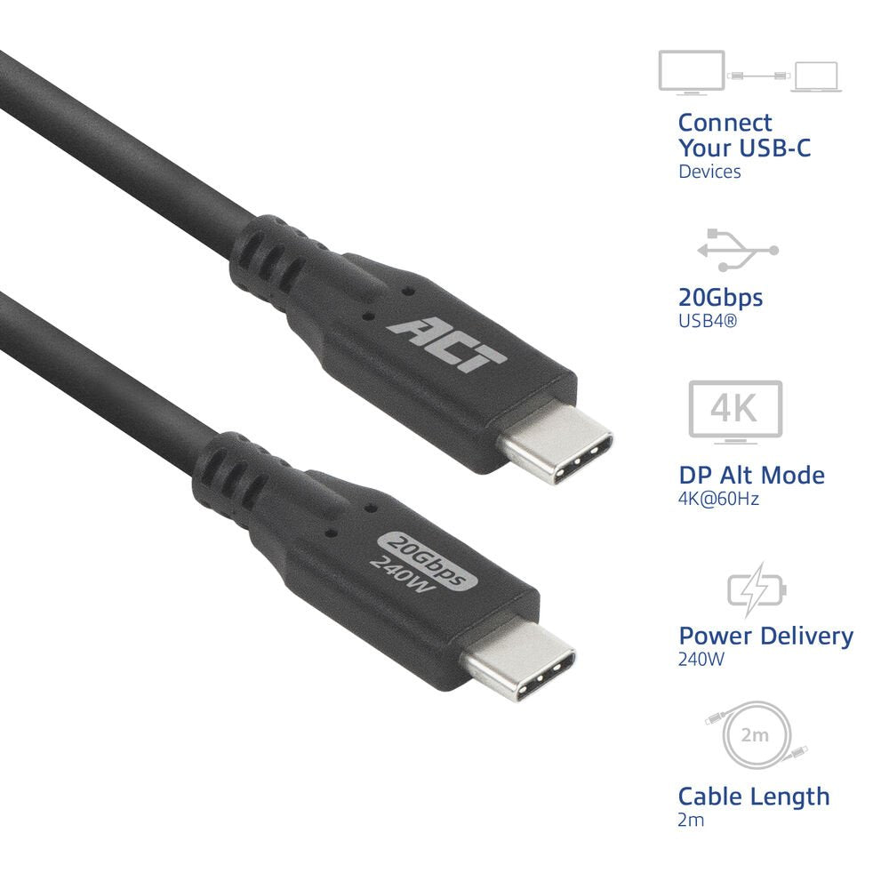 ACT | USB4 Kabel | 20Gbps | 240W | USB-C naar USB-C | 2m | Zwart - Matmuis - Matmuis
